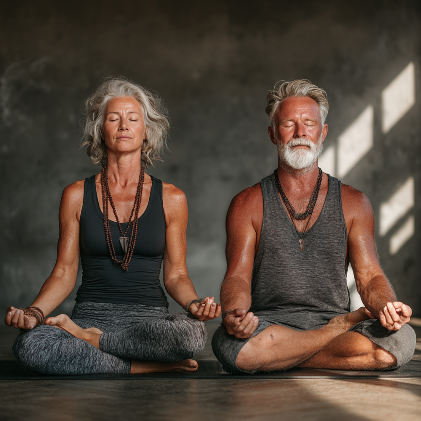 Група літніх людей займається йогою